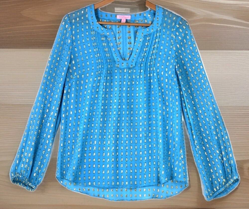 Lilly Pulitzer Colby Blue Small Silk Tunic Long Sleeve Blouse Sheer Metallic Top